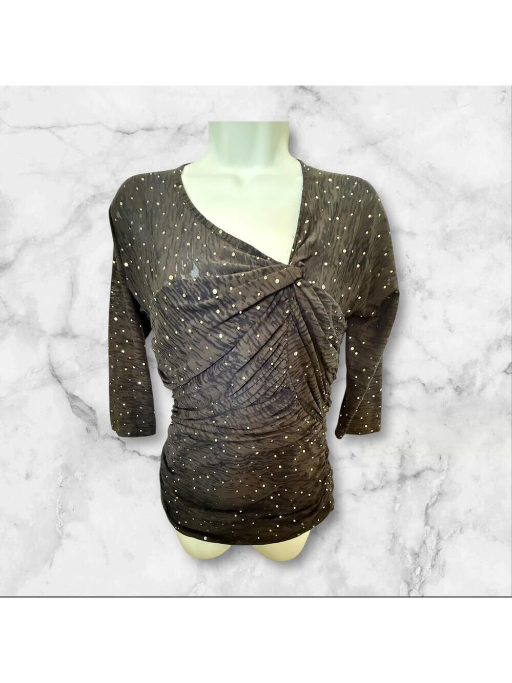 Joseph Ribkoff Black Metallic Dot Ruched Draped Top Women’s Size 8 (M)